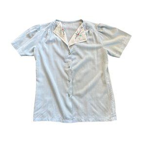 Vintage Semi Sheer Pastel Blue Floral Embroidered Blouse